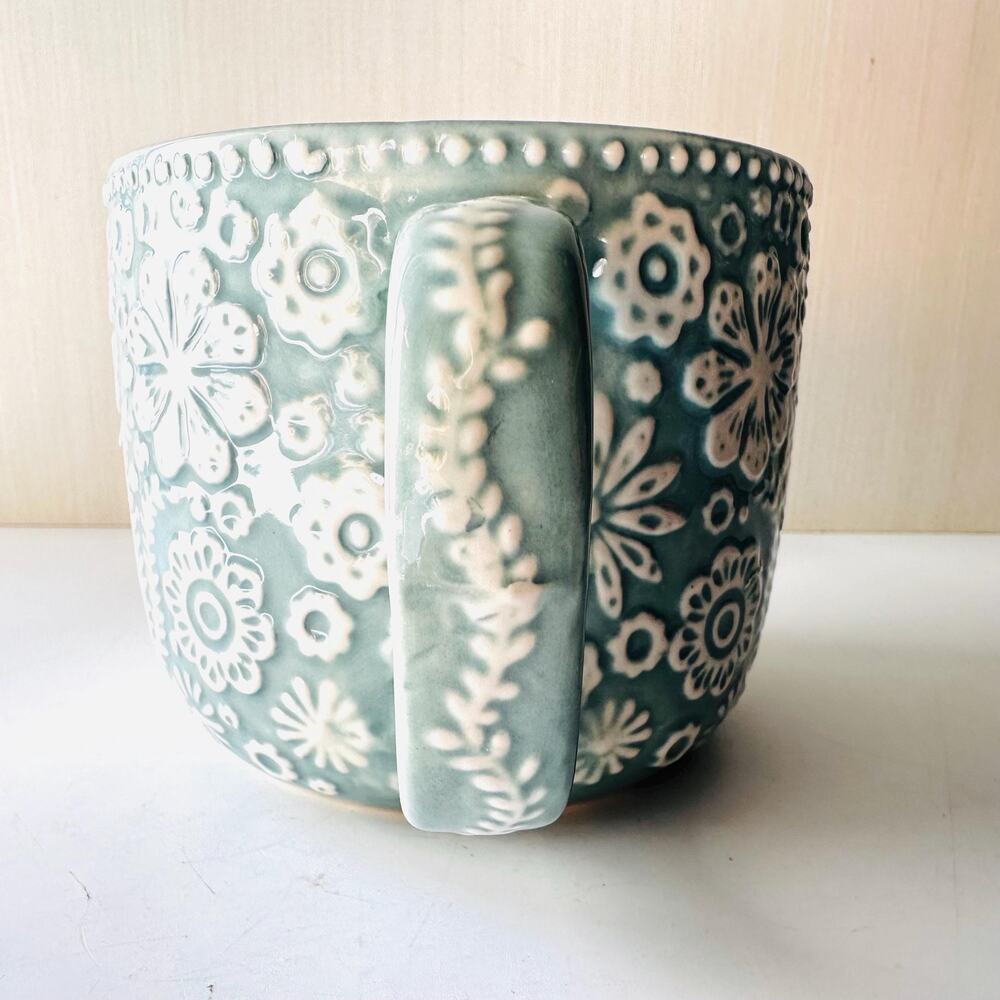 Retired World Market Jolly Hearts Coffee Tea Mug Oversize Blue Embossed Flowers - Picture 3 of 9